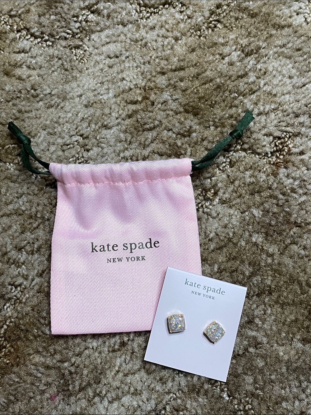 Kate Spade New York Square Opal Style Gold Tone Stud Earrings and Dust Bag NWT‎